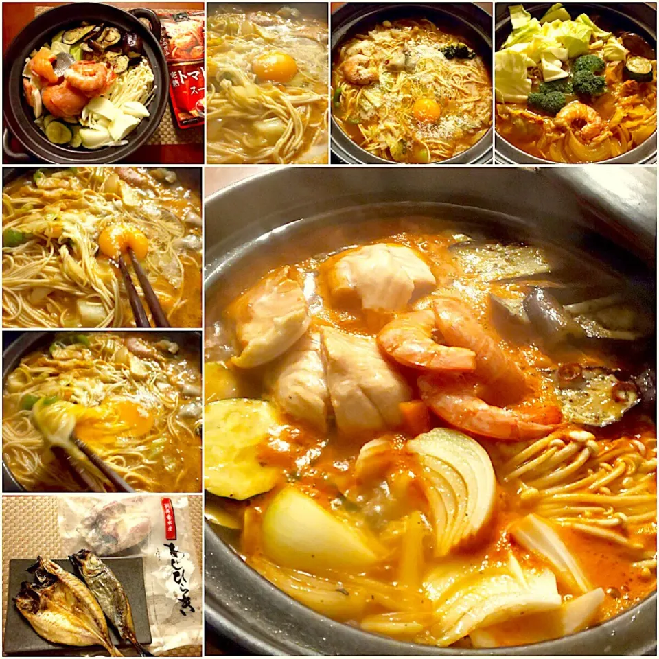 Tomato Seafood mixed Pot(of seafood bowl&vegetables cooked at the table)🍲ﾄﾏﾄ鍋Let’s finish it up w/Ramen👉🍲〆は卵チーズちゃんぽん麺|🌈Ami🍻さん