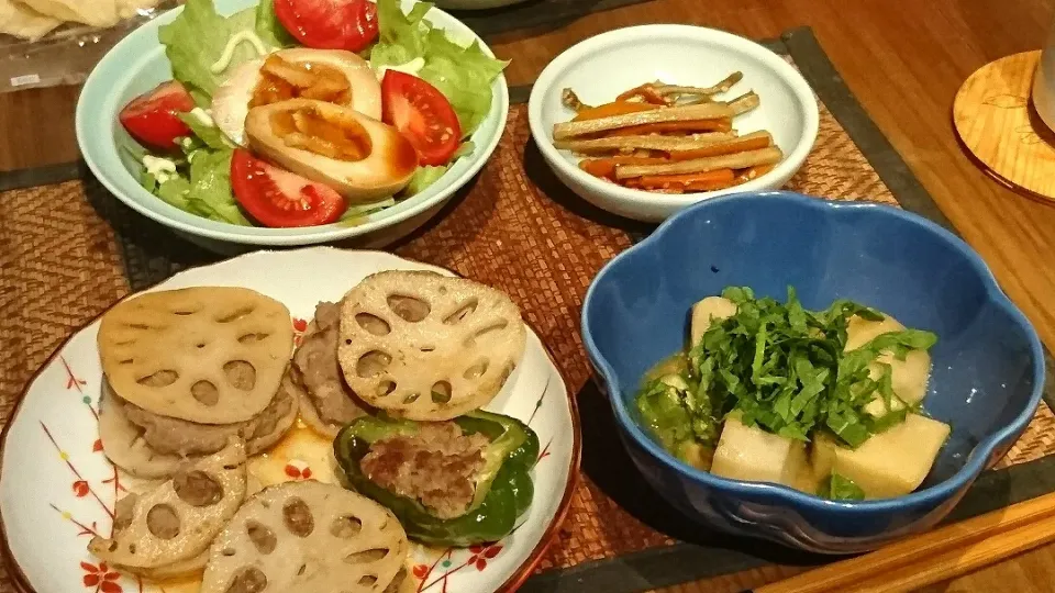 レンコン挟み焼き&煮卵サラダ&きんぴらごぼう&里芋味噌煮|まぐろさん