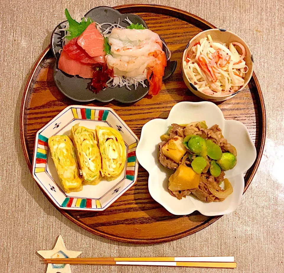 Snapdishの料理写真:晩酌セット ☆お刺身 ☆大根サラダ ☆厚焼き玉子 ☆そら豆と芽キャベツと新玉ねぎとたけのこの春味炒め|☆アスカ☆さん