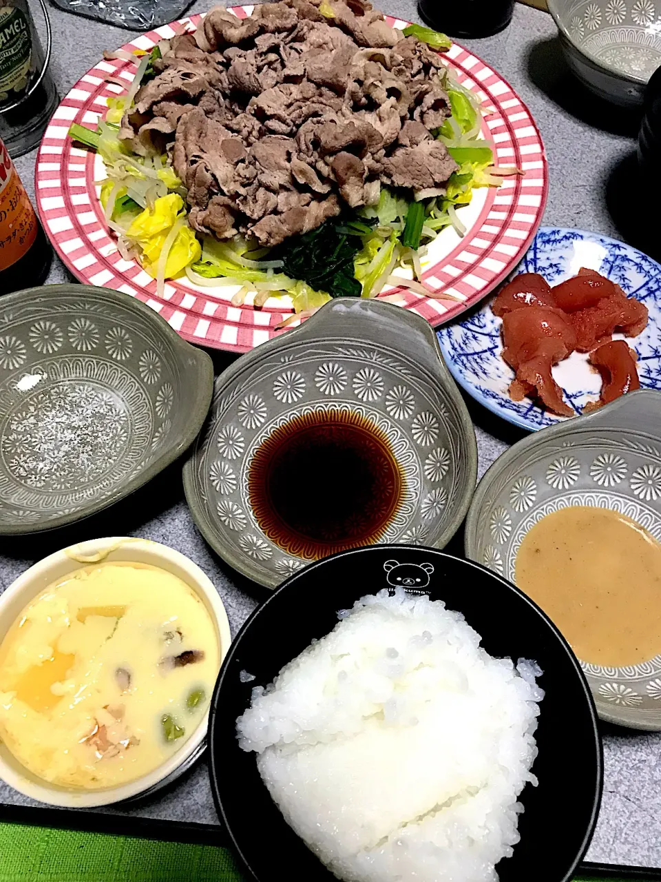 Snapdishの料理写真:#夕飯  お粥白米、豚しゃぶふう温肉野菜(塩、胡麻だれ、ポン酢)、茶碗蒸し、たらこ|ms903さん