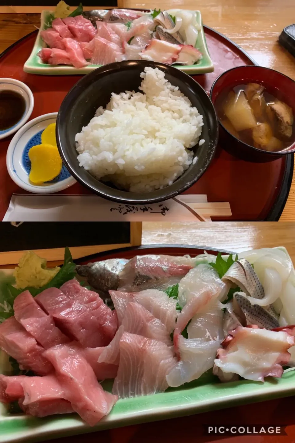 居酒屋むさしや＠磯子の刺身定食ランチ。
おそらく漁師系のお店だと思うのですが、
このてんこ盛りの多種刺身とおかわり自由のあら汁もついて900円。磯子駅近くです。|sniper66さん