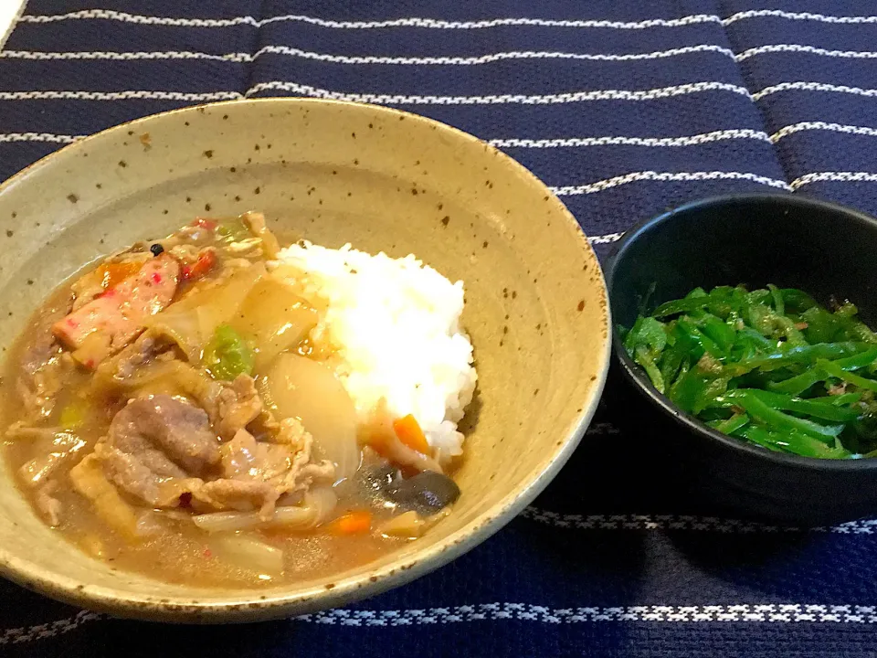 お夕飯、中華丼、ピーマンのおひたし|usuiさん