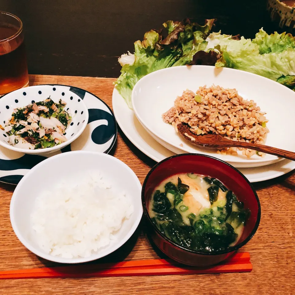 ＊豚挽肉と納豆の炒め物
＊塩サバと青高菜のしっとりふりかけ|miki mamaさん