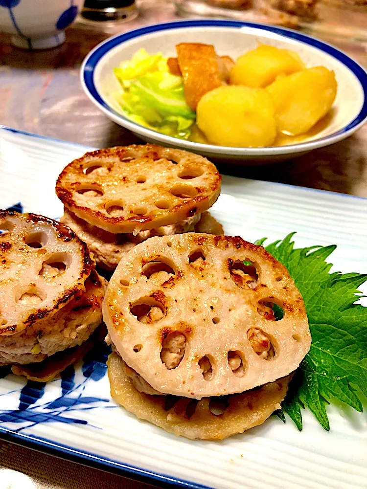 蓮根はさみ焼き  七味ポン酢で   
じゃがいもと春キャベツの白だし煮|くっきいママさん