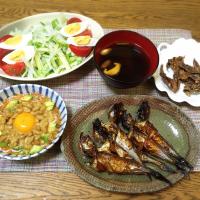 うどのサラダ・うどの穂先としいたけのお味噌汁・ほたるいかの干物・ハタハタ干物・アボキムチ納豆