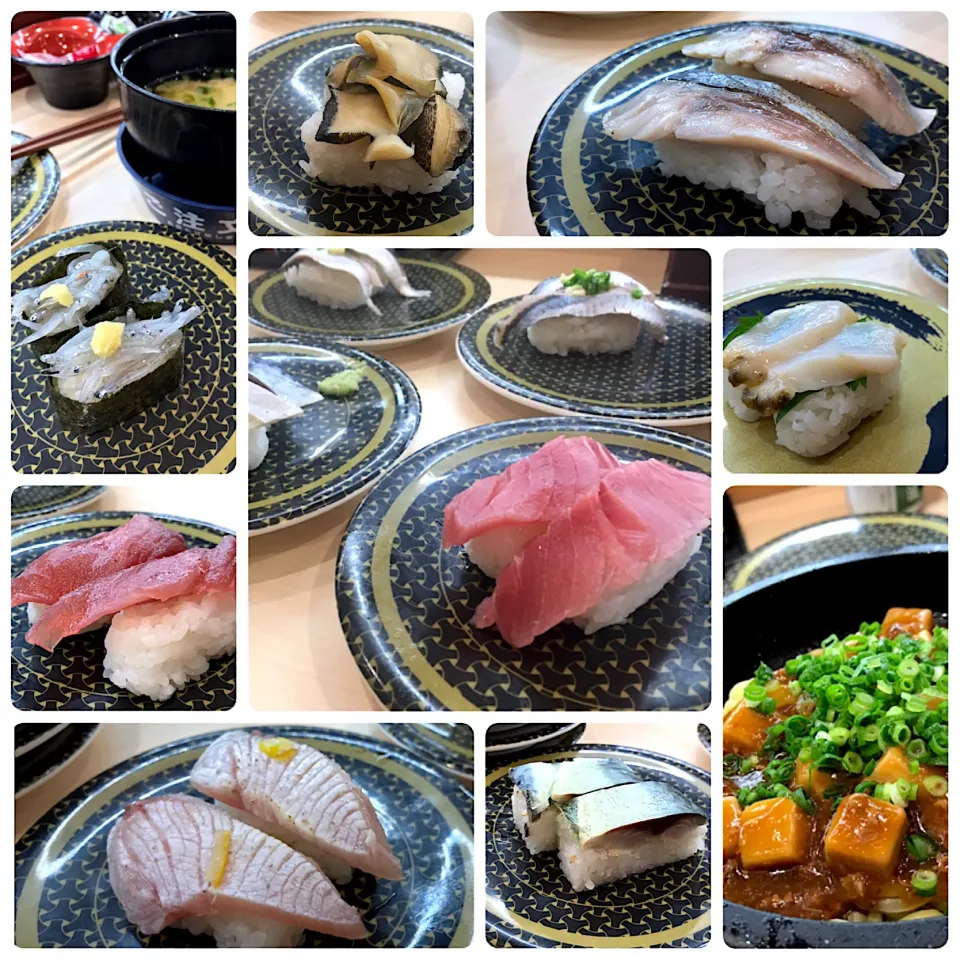 晩ごはん⭐️⭐️🔆🍣
まぐろハラミ  〆さば  とろイワシ  さんま  あかにし貝  炙りしめ鯖  ゆず塩炙りぶり  生しらす軍艦  鯖の押し寿司  蝦夷あわび  一本釣りとろかつお  四川風ピリ辛麻婆豆腐焼そば  あおさ味噌汁|ぽんたさん