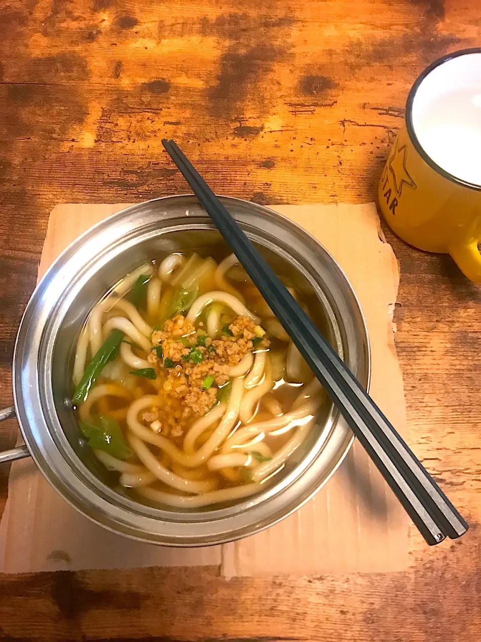 Snapdishの料理写真:ズボラ男子の料理成長期 うどん(とり野菜みそそぼろ肉)|ズボラさん