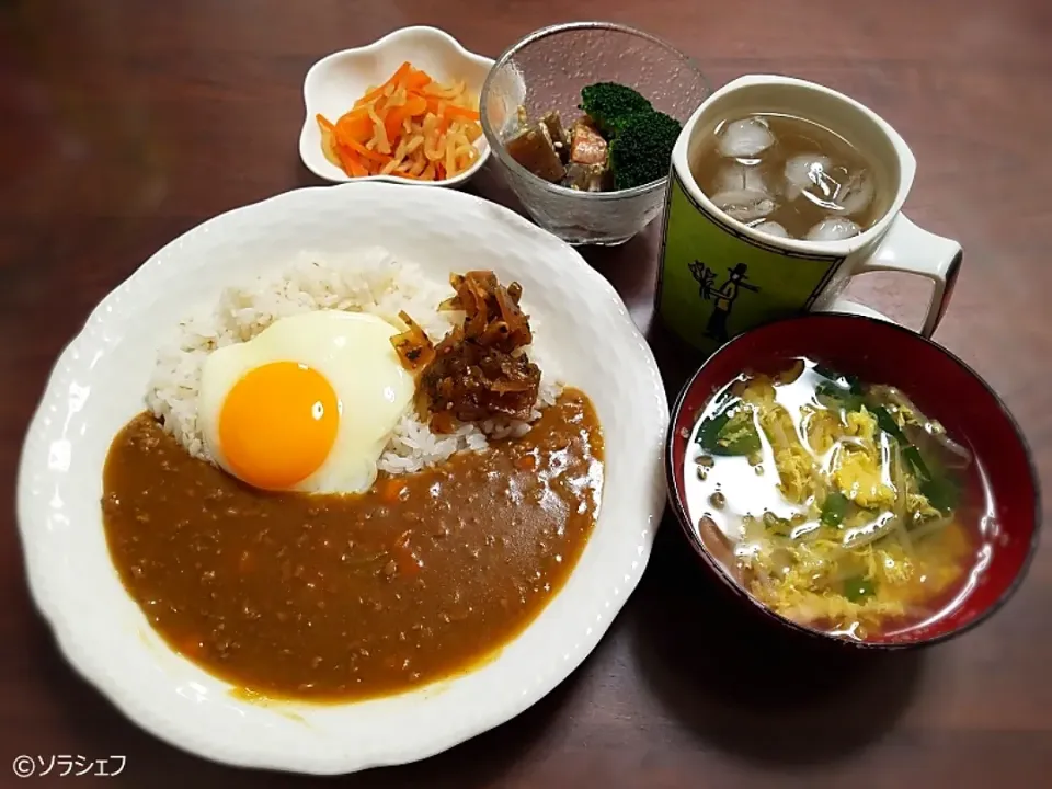 今日の晩ご飯だよ(*^^*)
★挽き肉のカレーライス
★切干大根の煮物
★こんにゃくの胡麻マヨサラダ
★もやしとニラの卵スープ|ソラシェフさん