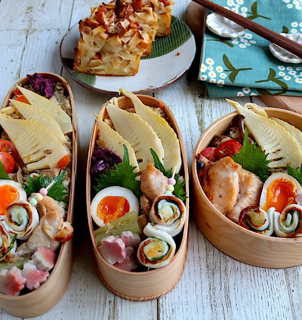 #筍ご飯  #お弁当   #ふきの煮びたし  #味玉  #鶏肉醤油麹焼き #りんごだらけのパウンドケーキ|ikura @ikura888さん