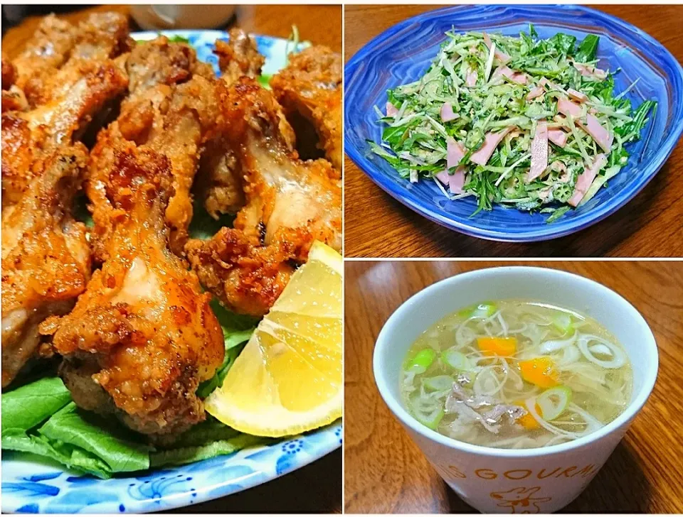 〜手羽元のにんにく醤油唐揚げ＆サラダ＆生姜スープ〜|こっぺぱんさん