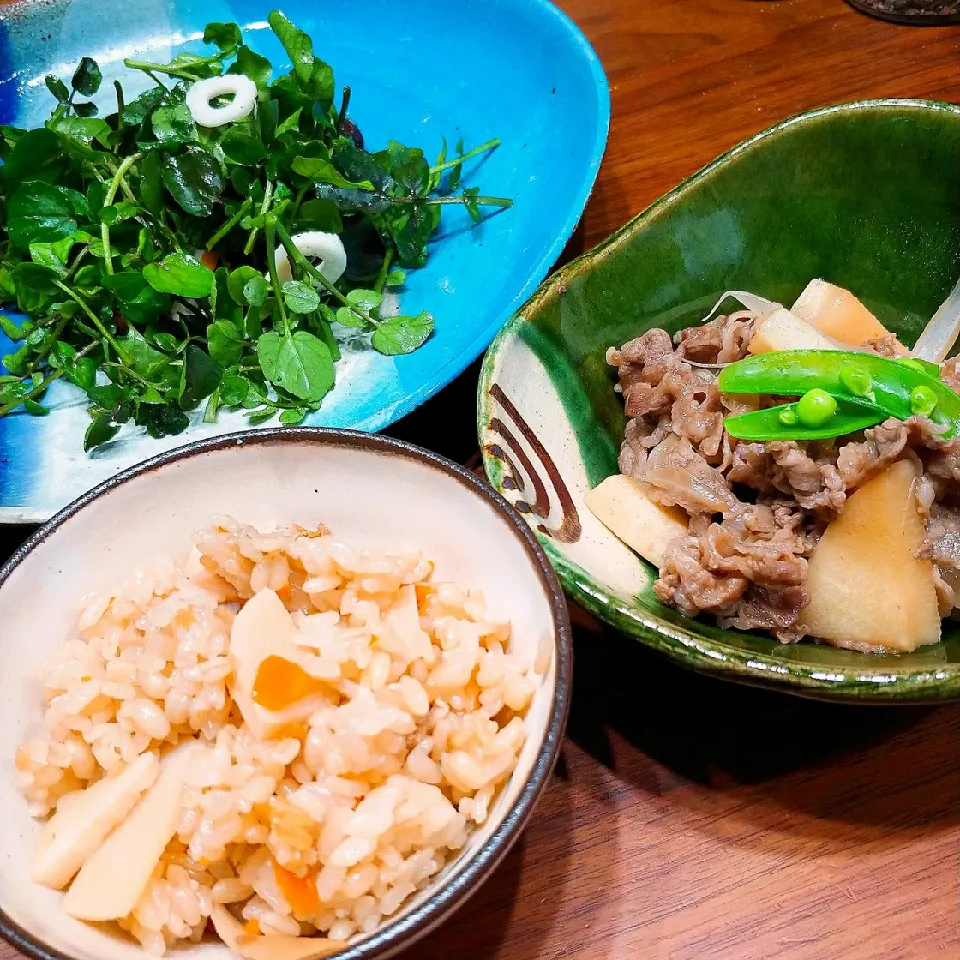 五目釜飯(筍狩りした筍も追加)
筍と牛肉のオイスターソース炒め
クレソンサラダ|ファンメイ🌺さん