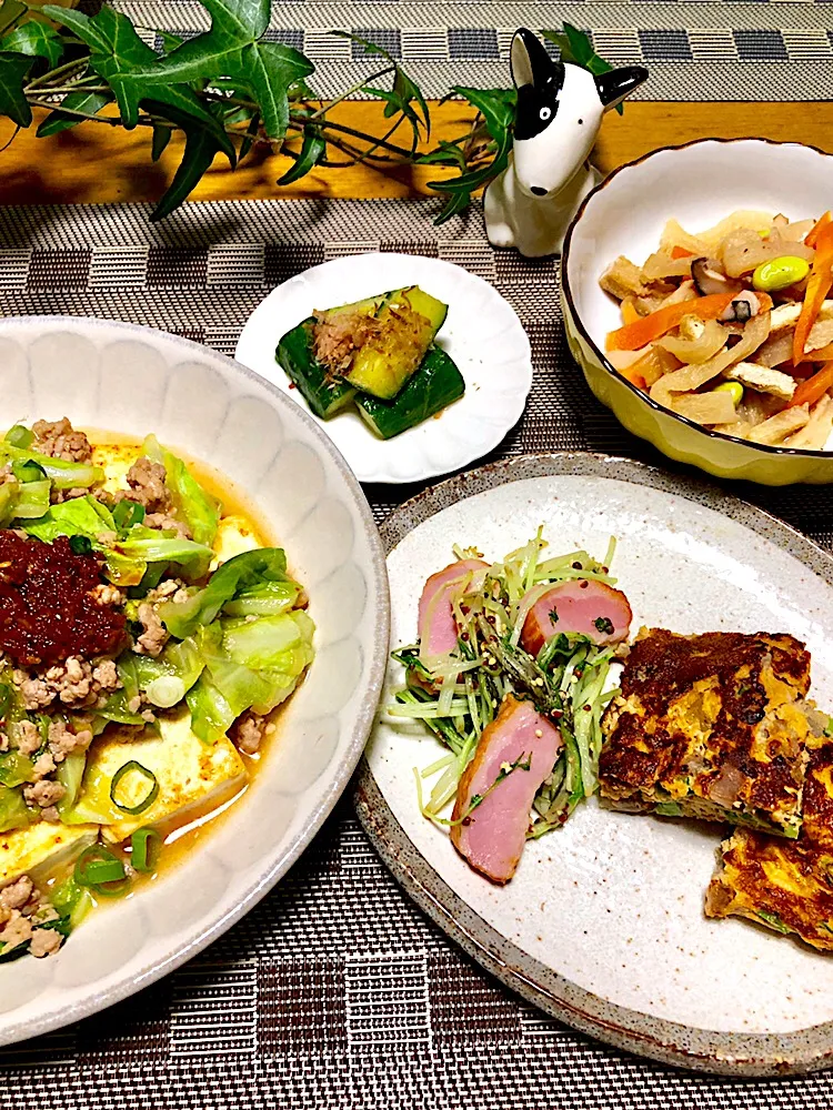 きゅうり梅めんつゆ漬け
煮物入り卵焼き
水菜とベーコンマスタード炒め
ゆで干し大根の煮物|くっきいママさん