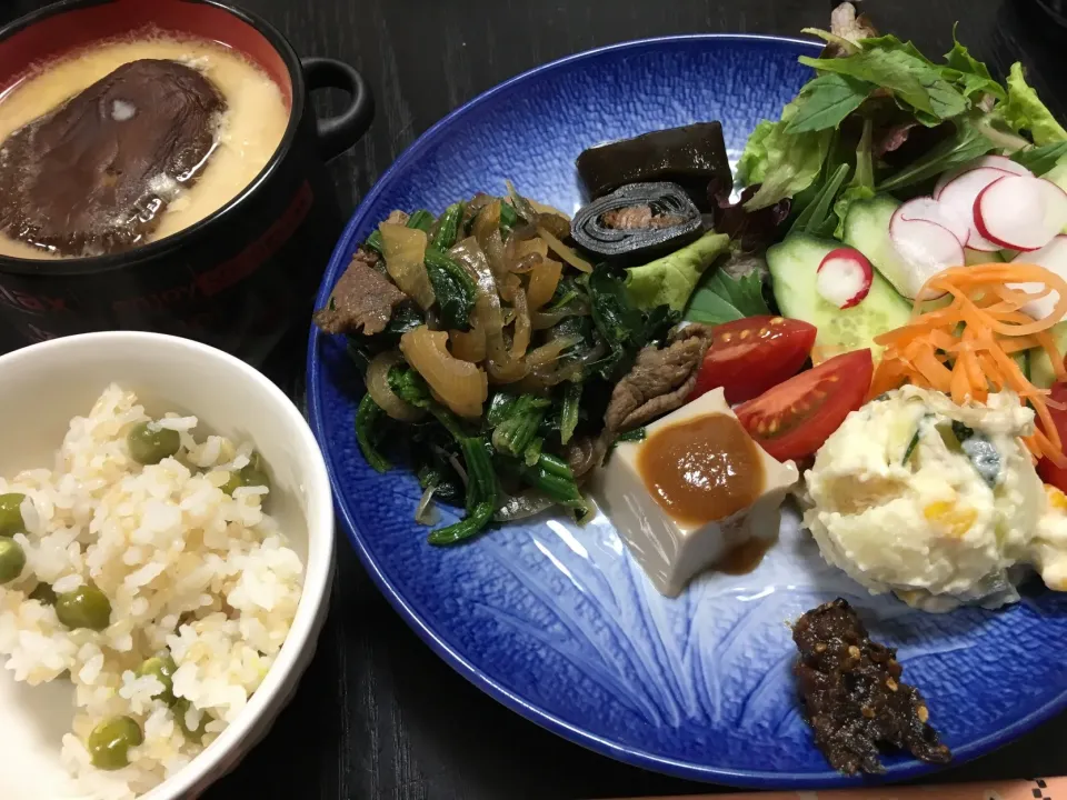 お豆ご飯と茶碗蒸しと副菜|バジルママさん