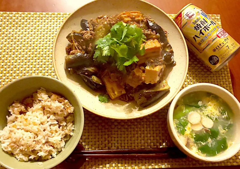 Snapdishの料理写真:Today's Chinese Dinner🍴麻婆茄子&春雨･ｴﾘﾝｷﾞと小松菜のかき卵ｽｰﾌﾟ･もち麦飯|🌈Ami🍻さん