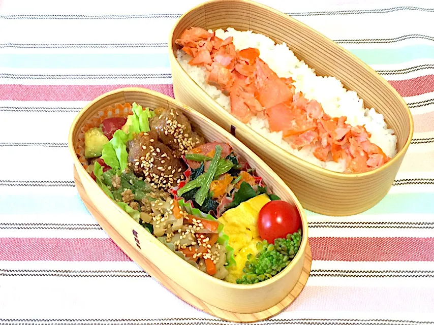 #旦那弁当  #パパ弁当  #曲げわっぱ弁当  #曲げわっぱ  #豚バラ肉のしそチーズ巻き  #ほうれん草とベーコンのバターソテー|ゆぴさん