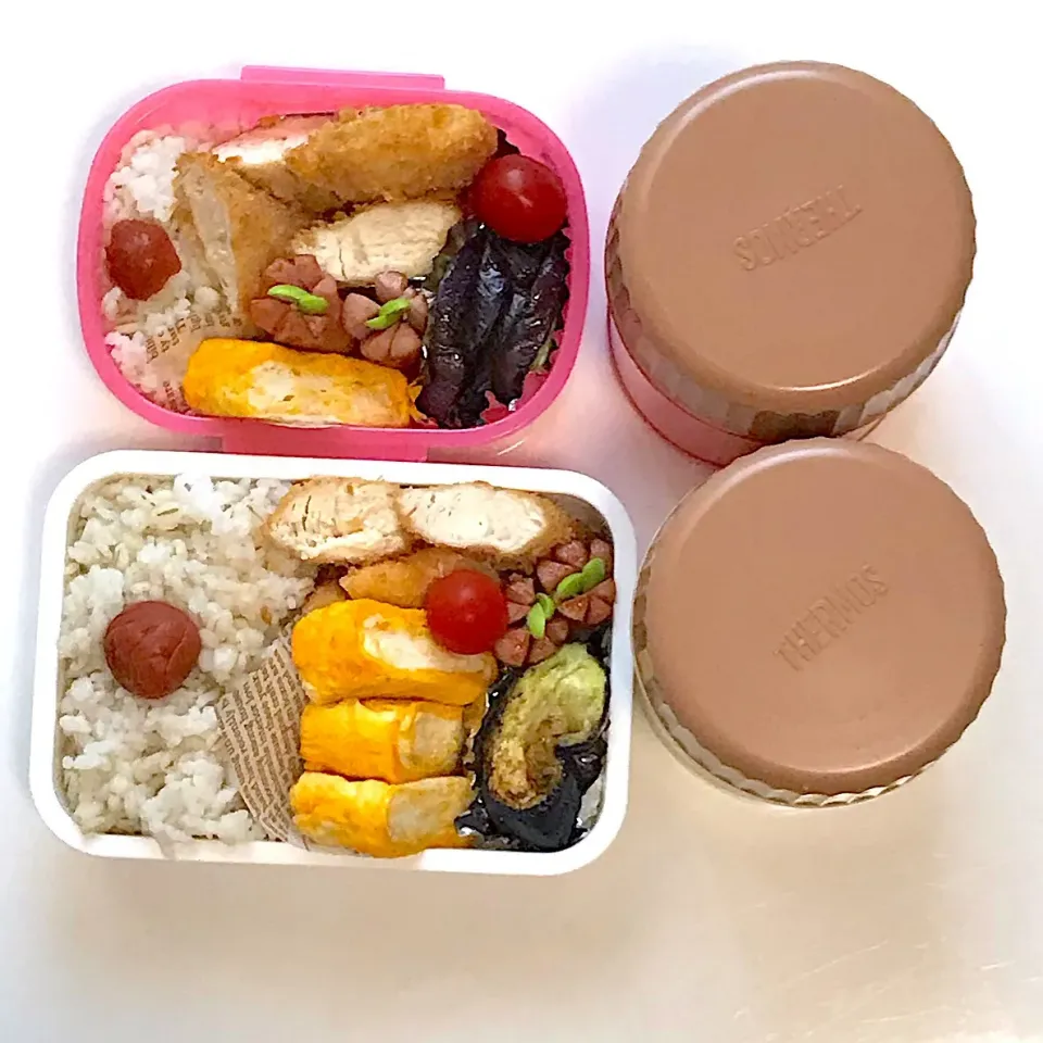 旦那さんと娘っちのお弁当(^^)
 #お弁当  #麦ご飯 #ささみフライ#ナスの塩焼き#キャベツと豆腐とネギのお味噌汁|kakoさん