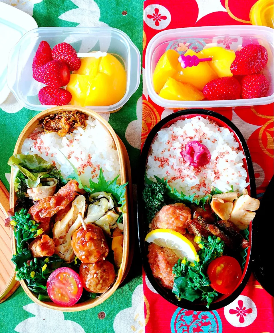 Snapdishの料理写真:#お弁当  #お父さん弁当 #自分弁当  #夫婦弁当  #日の丸弁当 #シニア世代   #野菜たっぷり  #菜花のお浸し  #デザートは黄桃とイチゴ|Blueberry🫐さん