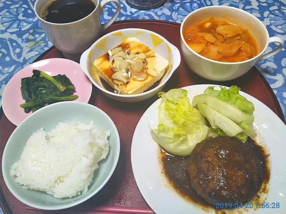 よねばーばの朝ごはん

冷凍ハンバーグレタス添え
豆腐冷奴
キャベツのスープ
ほうれん草胡麻和え
ご飯、
インスタントコーヒー|yoneばーばさん