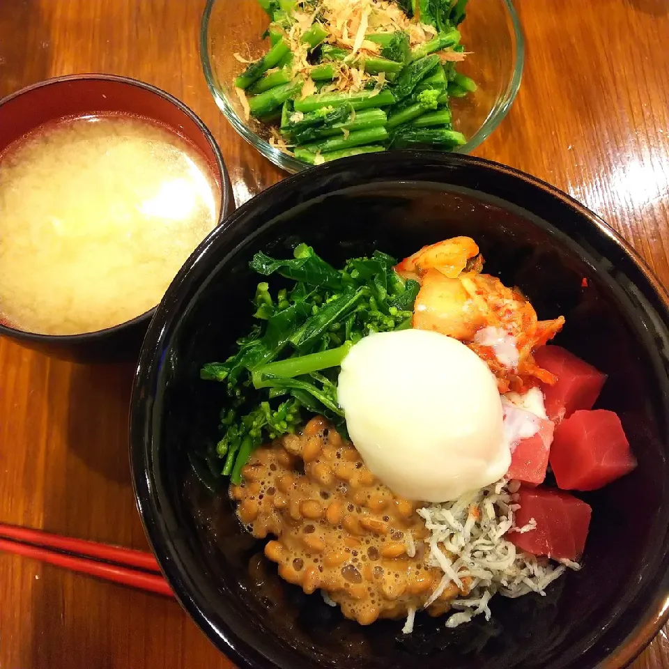 Snapdishの料理写真:ごちゃまぜいろいろ温玉丼！
アブラナはナムルに。ご飯の上には韓国海苔。|kokkoさん