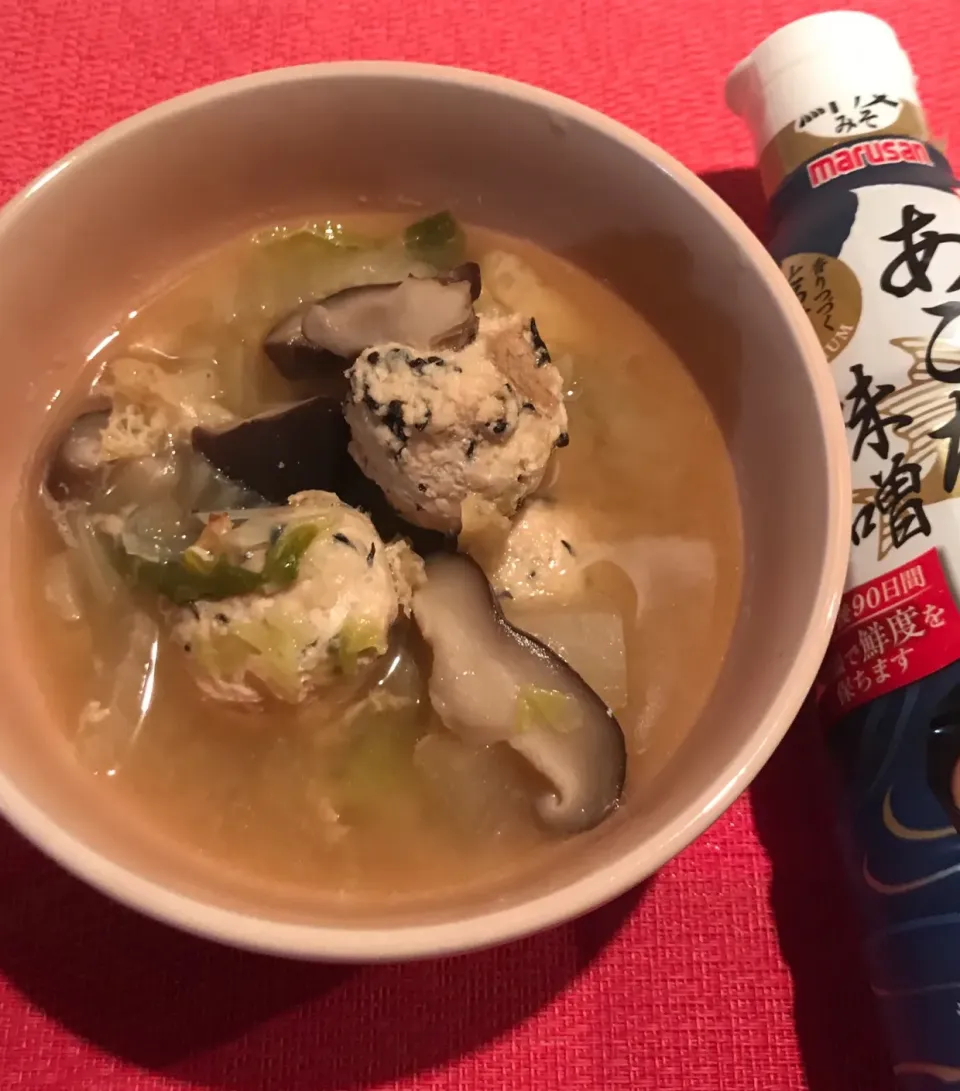 Snapdishの料理写真:あごだし味噌で鶏団子スープ😊 #モニター当選ありがとう #healthy|kaokaoさん