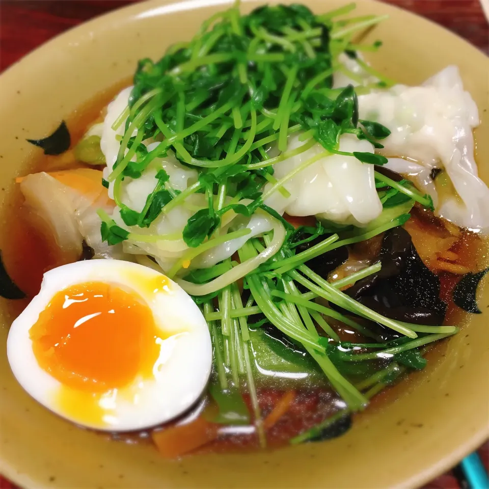 野菜、鶏雲呑ラーメン、ゆで卵トッピング|あーるさん