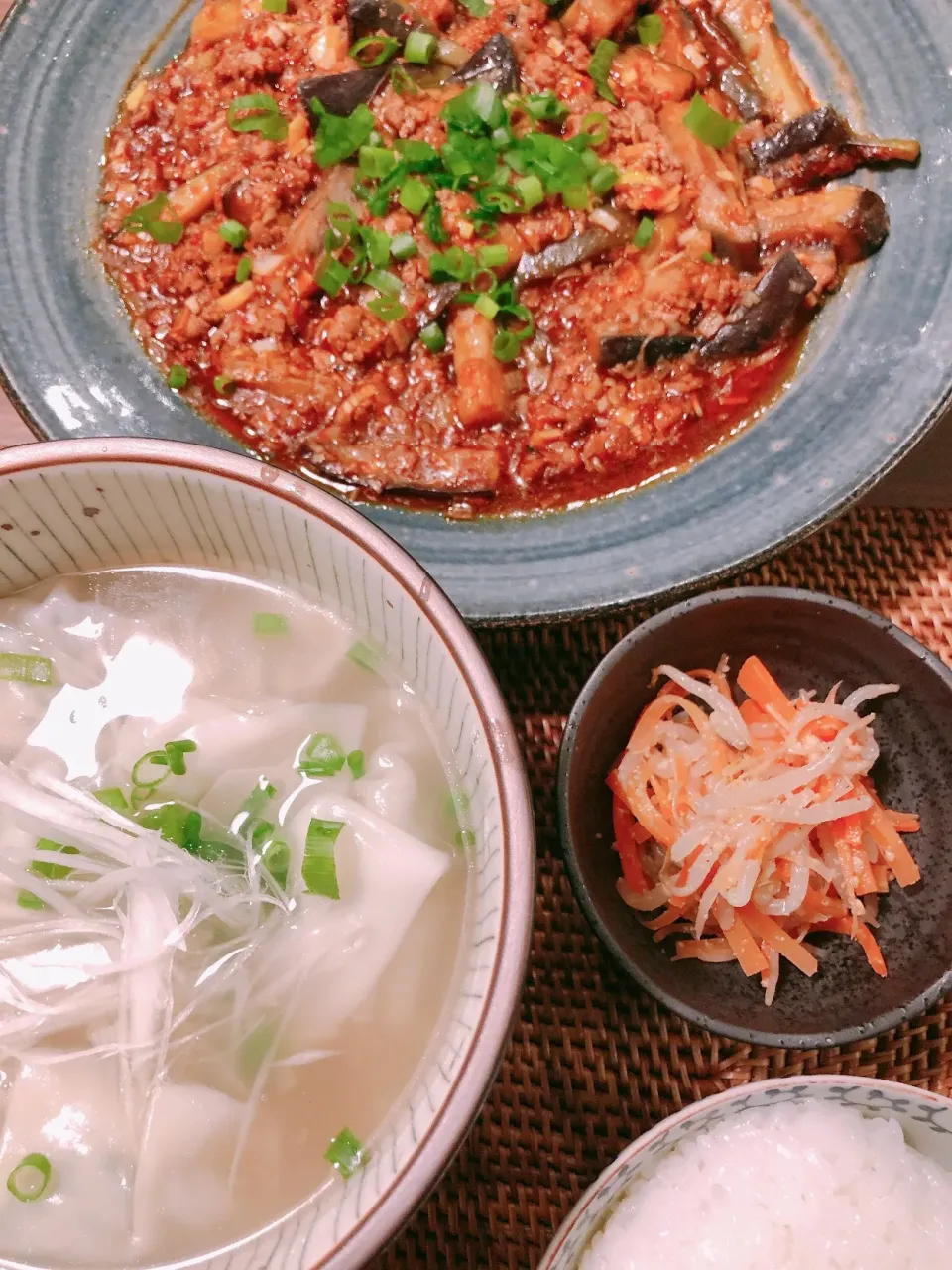 麻婆茄子、水餃子スープ、ナムル|taka-chanさん