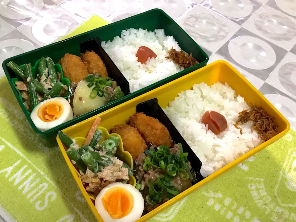 Snapdishの料理写真:じゃがいものそぼろ煮弁当⭐️良い夫婦の日
#じゃがいものそぼろ煮
#メンチカツ
#インゲンと人参のツナおかか
#味玉|mettiさん