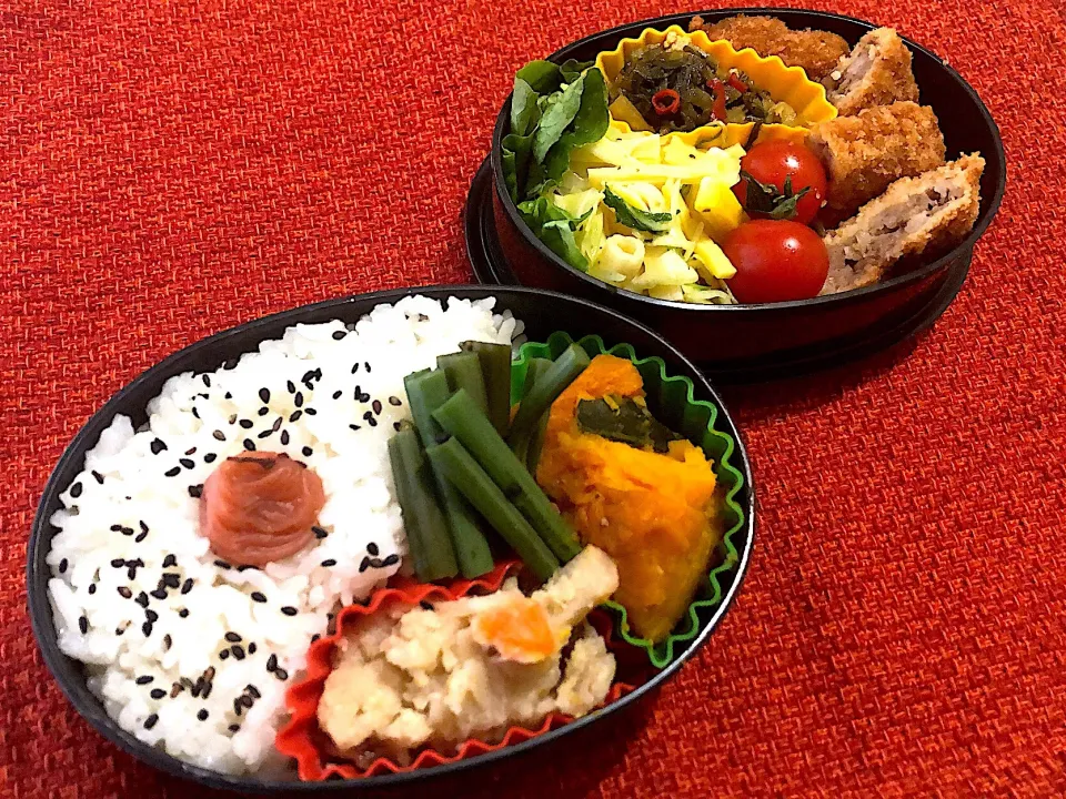 4／22昼食  #弁当 
•メンチカツ/サラダ/豚高菜炒め •南瓜煮/卯の花/蕨煮/梅干し/ご飯|おさんどんさん