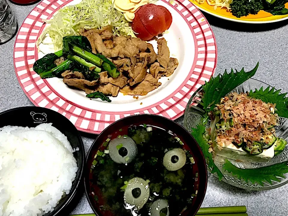 今年の夏は自宅栽培したシソを食べたいと思っている(今日のは買ってきた大葉ですが) #夕飯 お粥白米、豚生姜黒糖焼き、小松菜炒め、トマトキャペツサラダ、おかかオクラ冷奴、麩ワカメ味噌汁|ms903さん