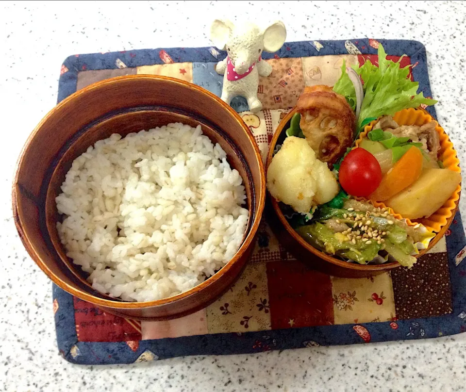 今日のお弁当🍀 #わっぱ弁当  #丸弁当  #夫弁当  #地味弁当|naonaomimichanさん