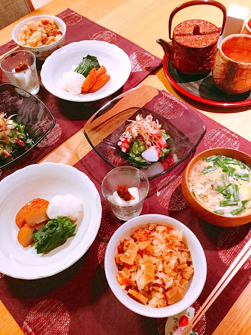 筍のおこわ、蛸と胡瓜の酢の物、
薩摩揚げとほうれん草煮浸し|papinさん