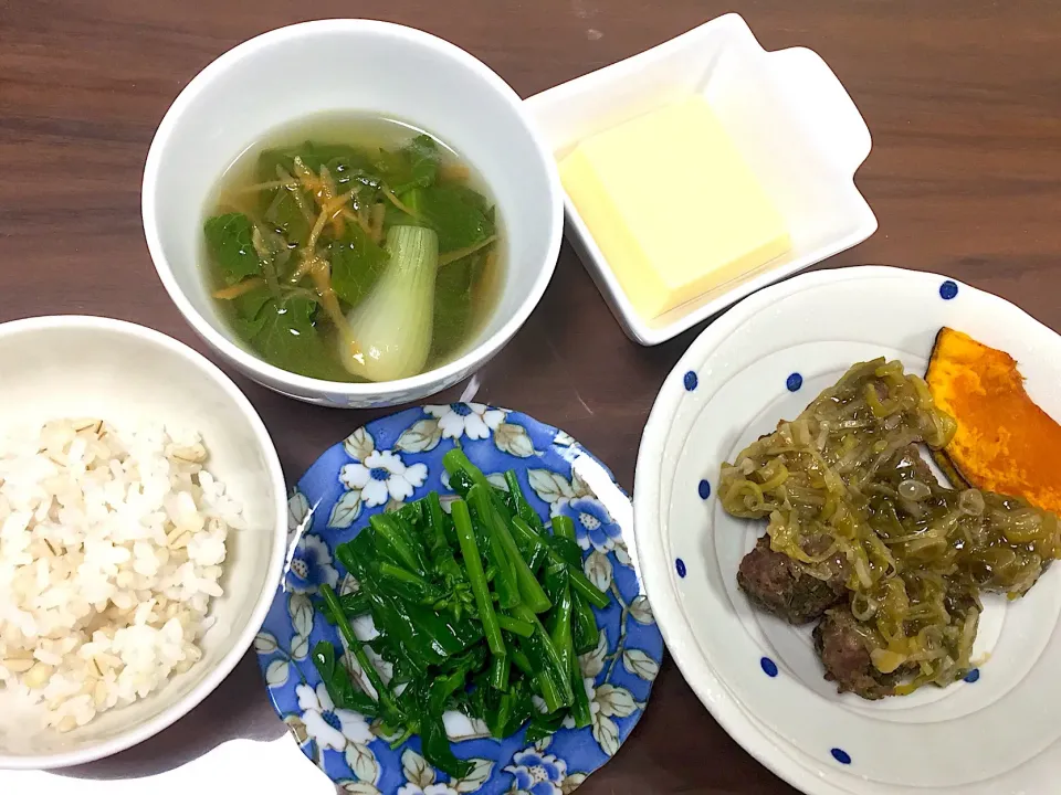 Snapdishの料理写真:肉団子の甘酢あん 菜の花の辛子和え コンソメスープ 玉子豆腐|おさむん17さん