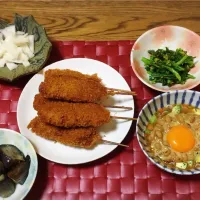 ぬか漬け大根・ヒレ串カツ・菜の花の辛子和え・アボキムチ納豆・茄子の煮浸し|美也子さん