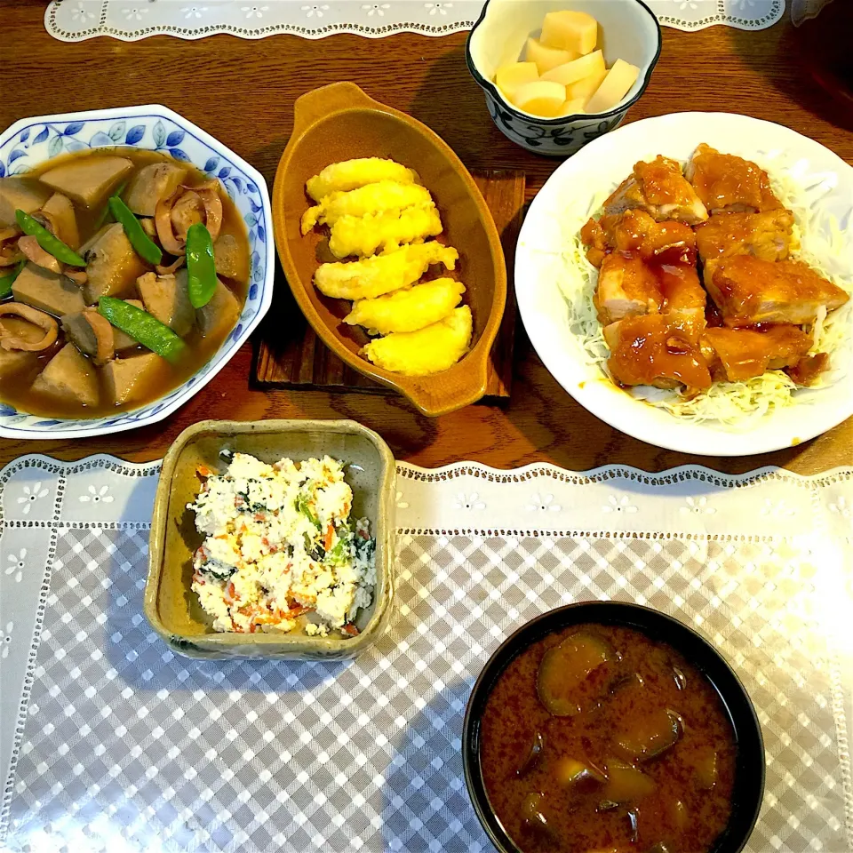 鶏もも肉の照焼き、筍天ぷら、白和え
昨夜の残り里芋とイカの煮物、味噌汁
ワイン|yakinasuさん