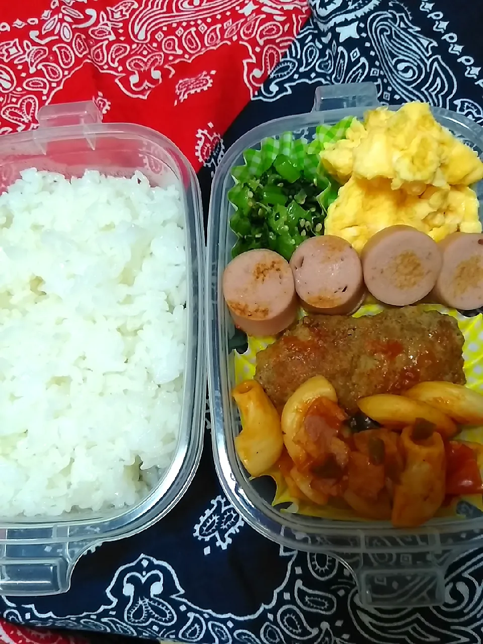 Snapdishの料理写真:パパお弁当😀
小松菜のナムル
スクランブルエッグ
魚肉ソーセージ
ハンバーグ
マカロニナポリタン|すず(*^^*)さん