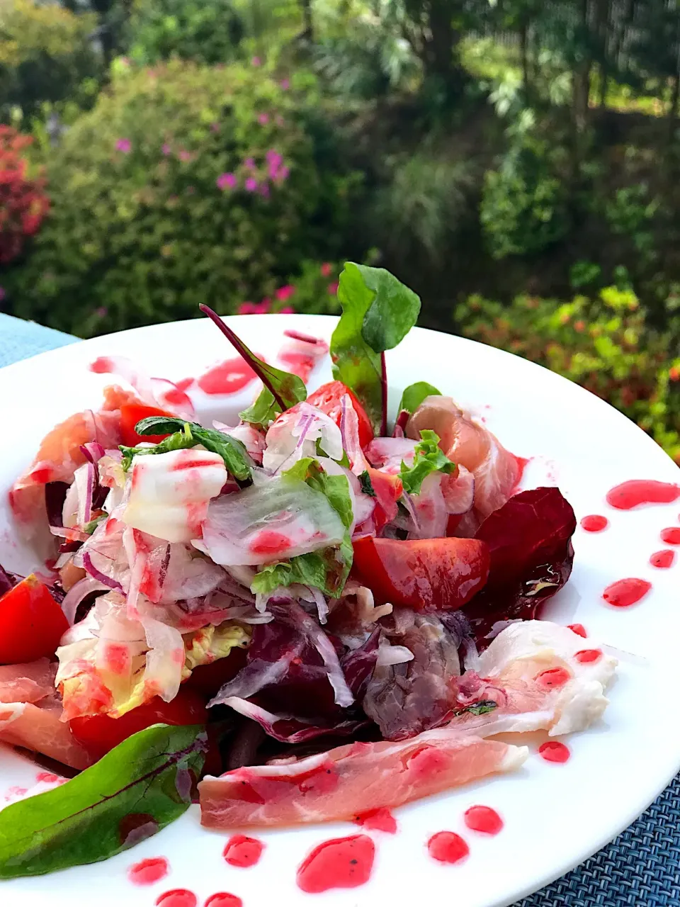 新緑の生ハムサラダ🥗フランボワーズソースかけ|シュトママさん