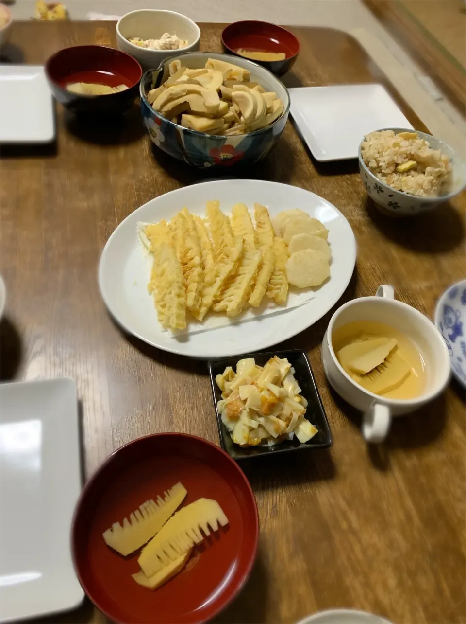 筍の天ぷら・筍の白和え・筍と蕗の煮物・筍の澄まし汁・筍ご飯・姫川の梅和え|ちびろ菌さん