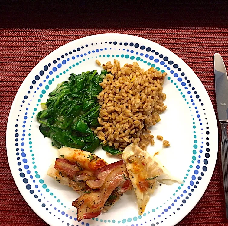 Bacon cod, farro, spinach saute|kayoさん