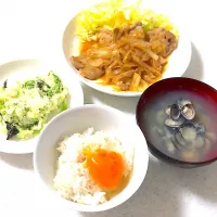 豚玉ねぎの生姜焼き
ポテトチーズサラダ
冷凍玉子かけご飯
シジミみそ汁|masumiさん