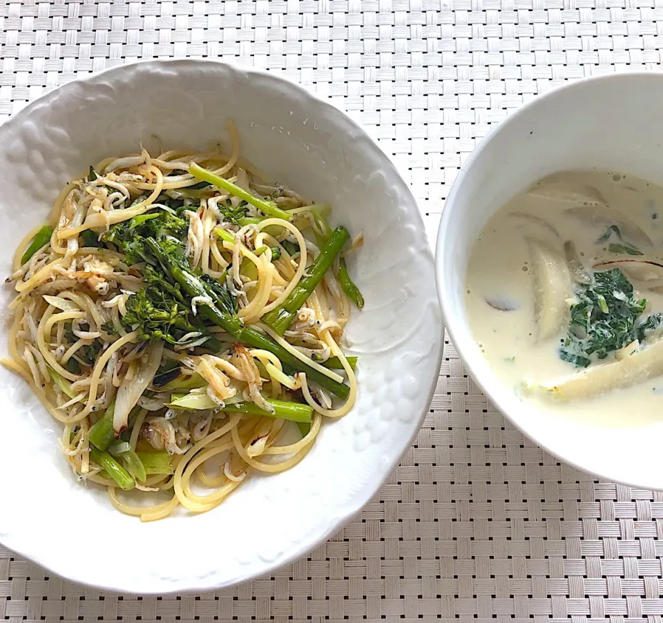 しらすとネギ、スティックセニョールの和風醤油バターパスタ🍝&かぶと新玉ねぎのミルクスープ🥛|saoricocoさん