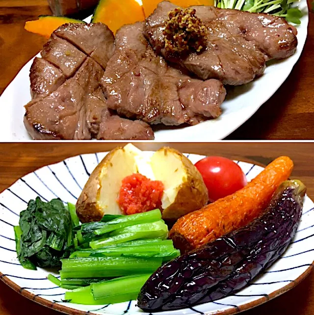 揚げ野菜と牛タンと🥕🥩|ぱぴこ家さん