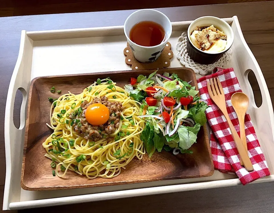 おひとりさまランチは納豆パスタと豆乳プリン|sakuraさん