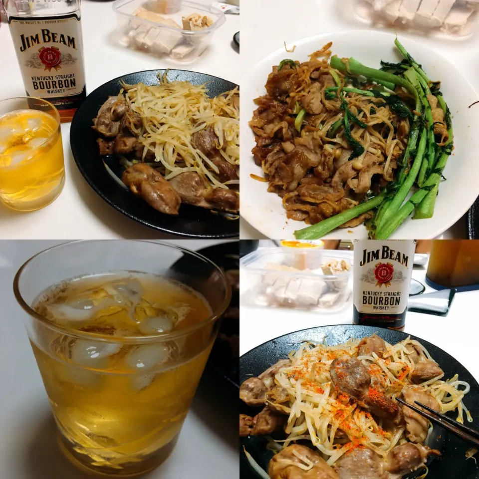 砂肝ともやしのピリ辛炒め、豚肉、えのき、 大根の葉の花椒炒め 今宵もJim Beam|Guangxinさん