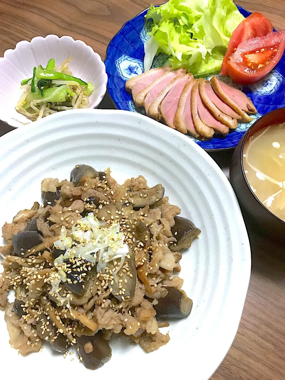 豚となすの味噌炒め＊小松菜もやしナムル＊合鴨ロースト＊味噌汁＊白米|Aya.SanSun☺︎さん