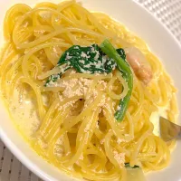 ほうれん草のクリームスープに明太子を加えて、パスタに変身🍝|ぇソらさん