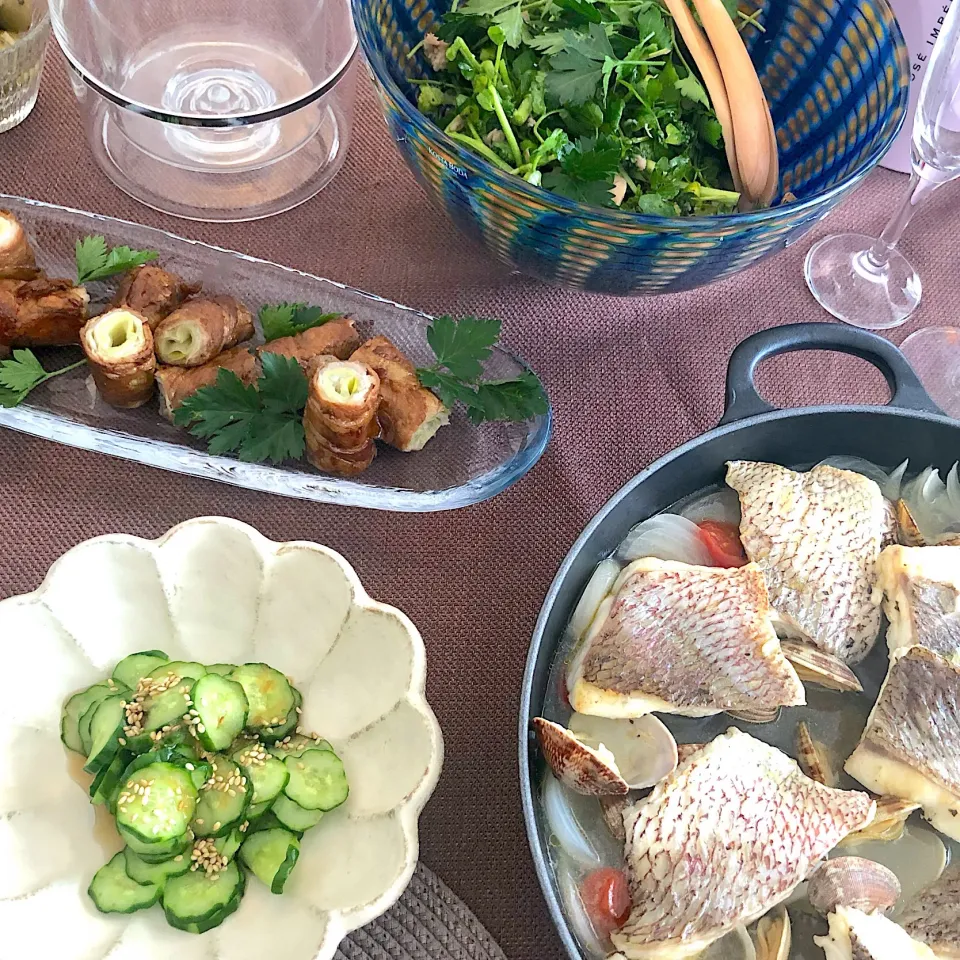 ホムパ♪ クレソンサラダ🥗とアクアパッツァ、ネギのお肉巻き(^^)|Yuka Tさん