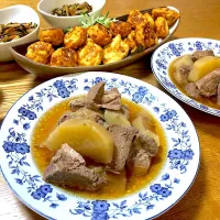 🥗豚肩ロースと大根の煮物 🥗綿豆腐と鶏ミンチのナゲット 🥗皮きんぴら。|くわまんまさん