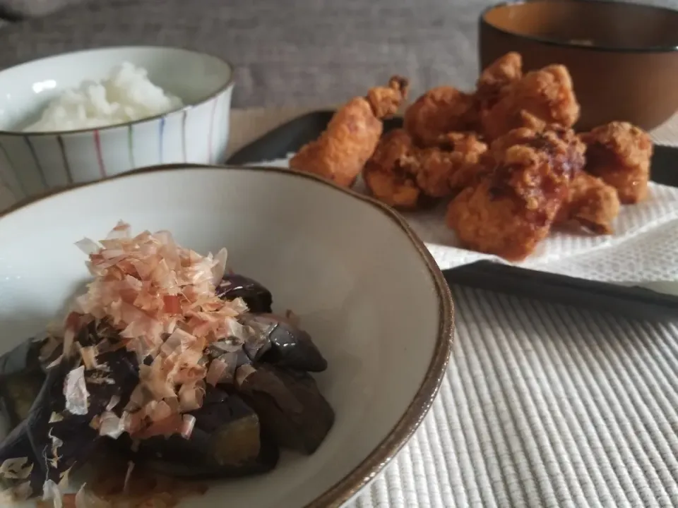 焼き茄子と鶏の唐揚げ|しあるさん