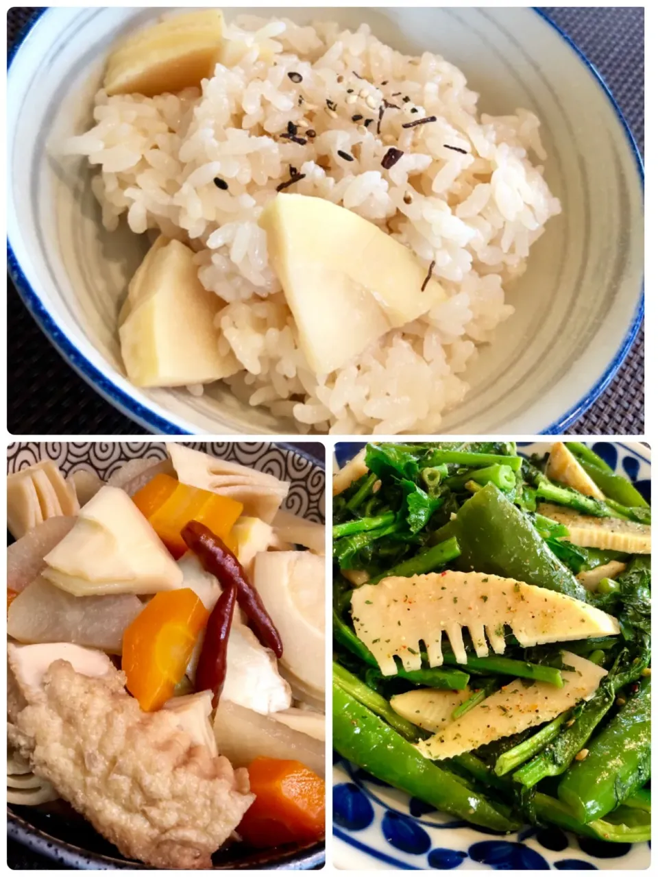 たけのこご飯、筍のピリ辛煮、青菜と筍のペペロン炒め
いただいた筍を堪能！！ご馳走様でした。|おりぃさん