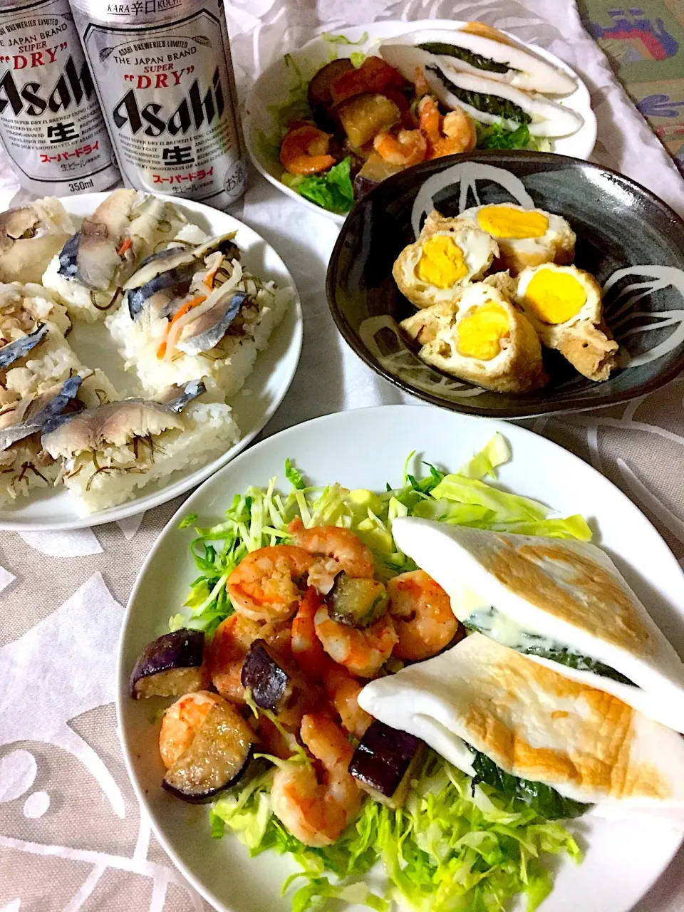 鯖寿司 ガーリックシュリンプ🦐
はんぺんのしそチーズ 巾着玉子で
いただきまぁす🍻|Emiさん